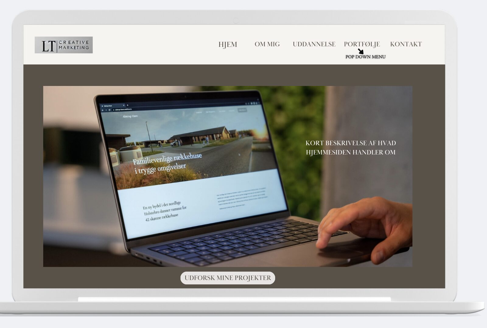 En visuel skitse og refleksion over design og struktur af LT-Marketing, en personlig portfolio hjemmeside af Laura, der fremhæver uddannelse og projekter som markedsføringsøkonom